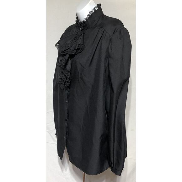 Vintage 70s Blouse Top XL Ruffle Lace Collar Blk ILGWU Victorian Prairie Gothic - Picture 2 of 9